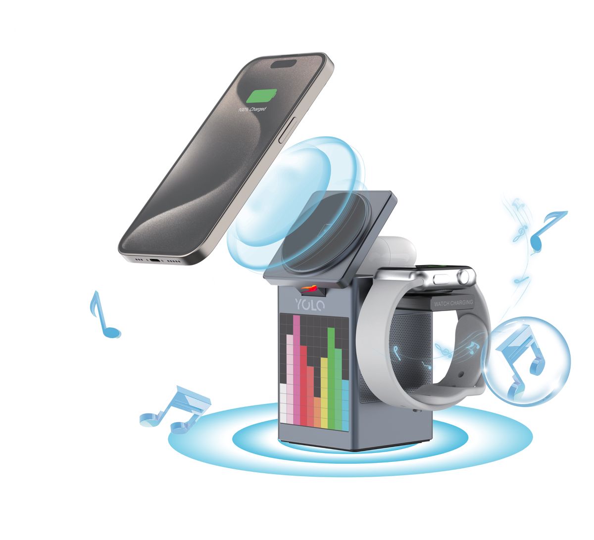6-in-1 Wireless Charger with Bluetooth Speaker, Pixel Display